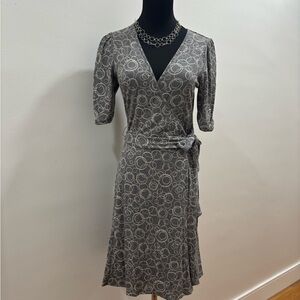 446. No Boundaries Grey Circle-Print Wrap Midi Dress